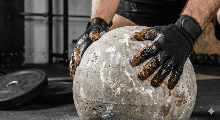 Strongman Blog, showcasing intense strongman exercises with mud and chalk on hands for strength.