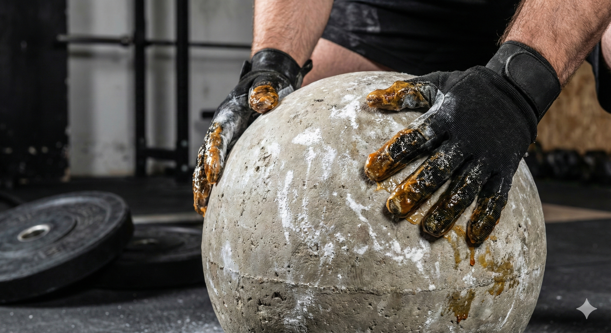 Strongman Blog, showcasing intense strongman exercises with mud and chalk on hands for strength.