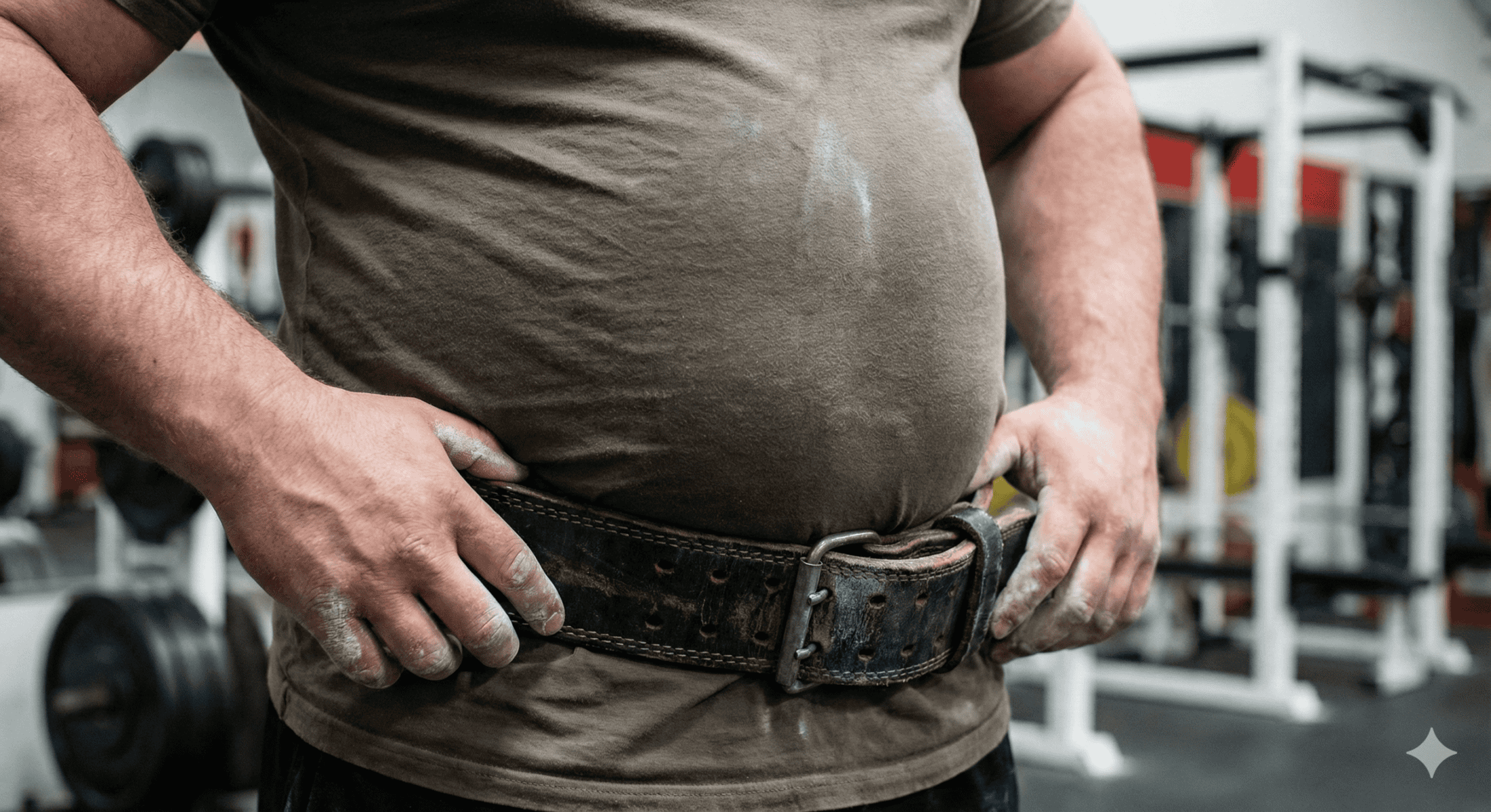 Close-up of a muscular man with a dirty T-shirt and a worn leather weightlifting belt, in a gym setting with weights in the background.