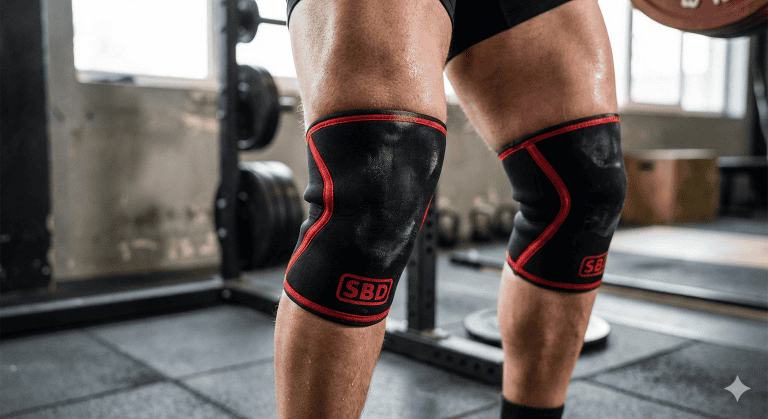 Close-up of male athlete's knees with black and red knee sleeves in gym setting.