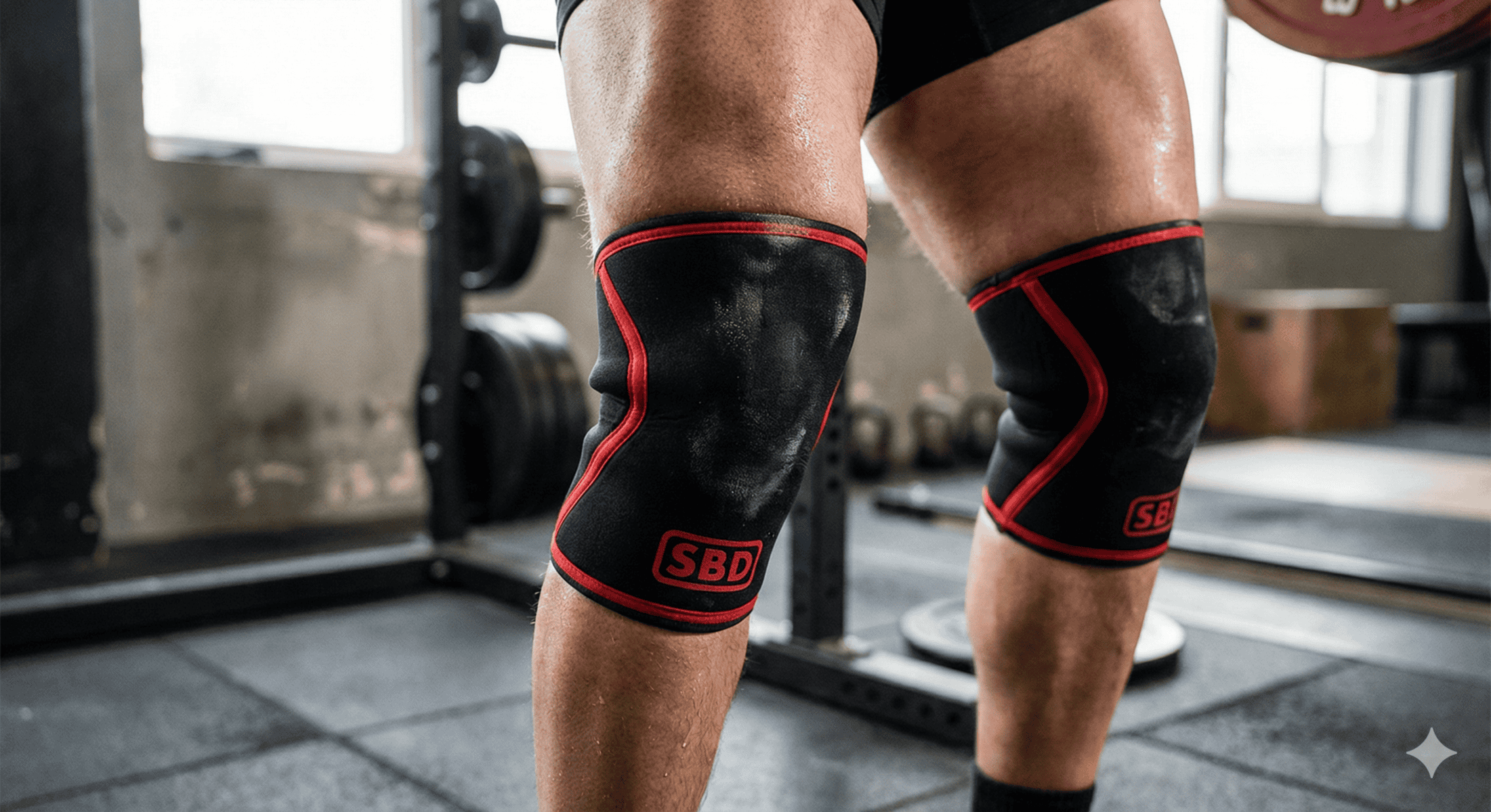 Close-up of male athlete's knees with black and red knee sleeves in gym setting.