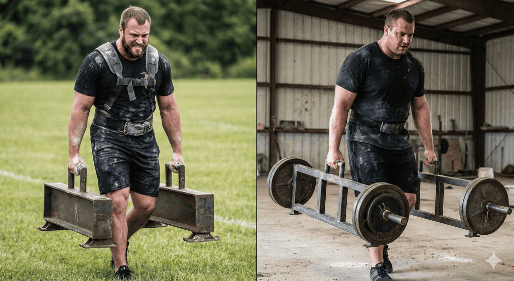 Strongman man lifting heavy weights outdoors.