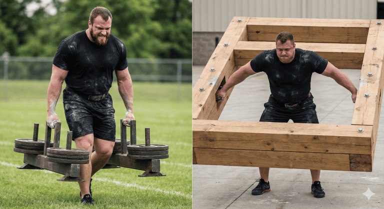 Man lifting heavy weights at a strongman competition crossing a big wooden frame.