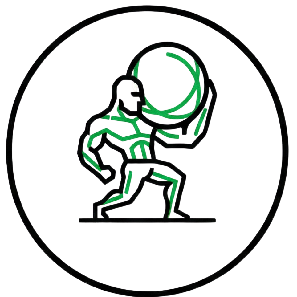 Neon sign of a strongman lifting a globe, vibrant green and black design.